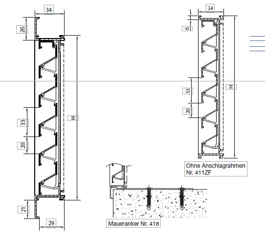 Schnittzeichnung Renson Lüftungsgitter 411 und rotec W11 mit Maueranker Nr. 418 und Ausführung ohne Anschlagrahmen