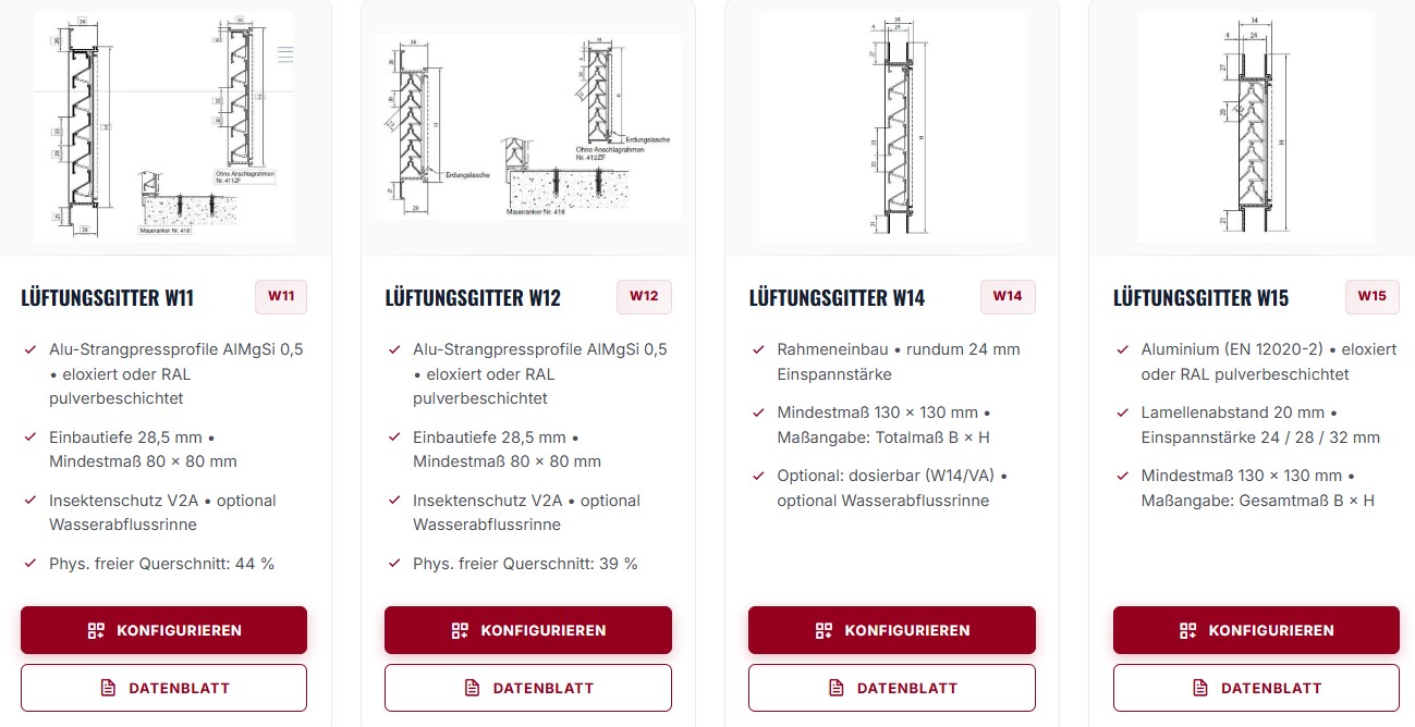 rotec Lüftungsgitter Konfigurator mit W11, W12, W14 und W15 für Renson Lüftungsgitter nach Maß