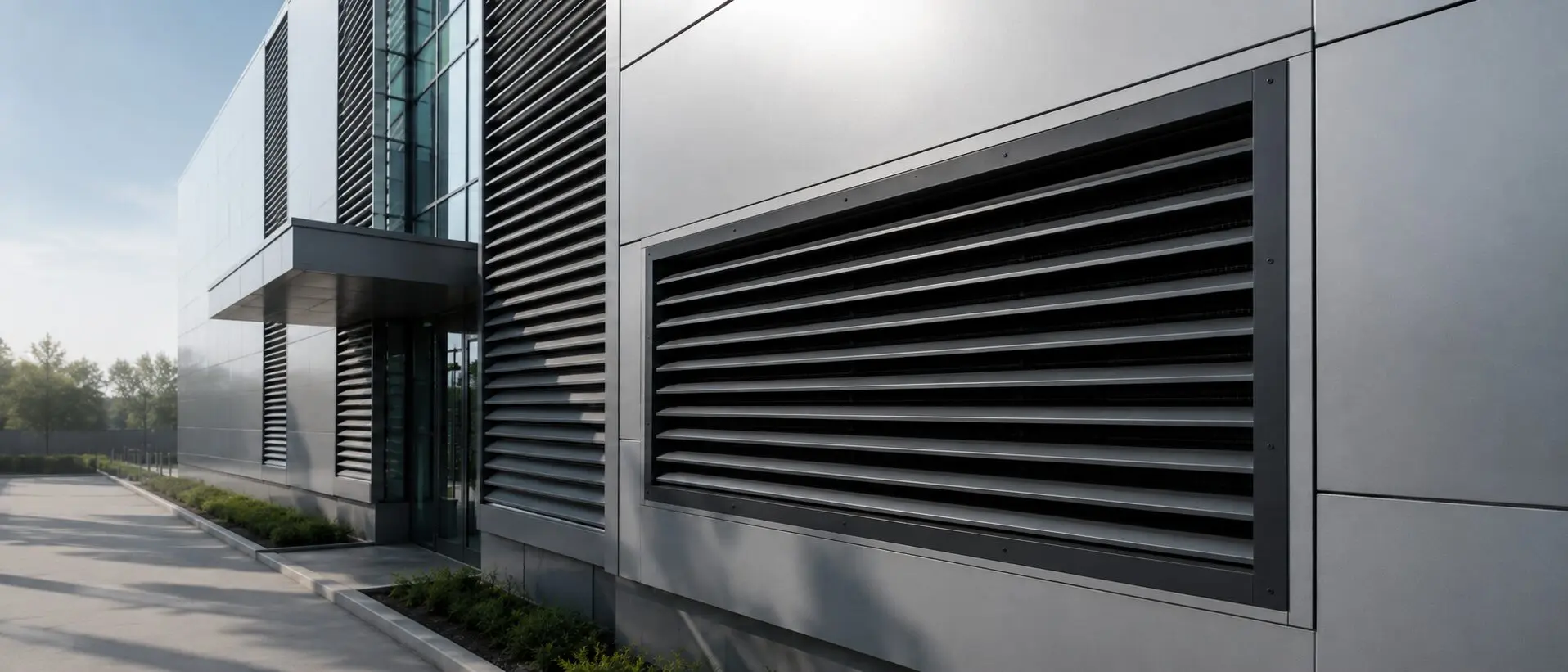 Modernes Rechenzentrum mit einbruchhemmenden Lüftungsgittern, technischer Fassade und Sicherheitszaun