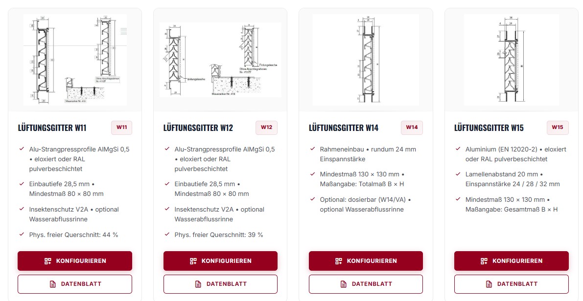 rotec Lüftungsgitter Konfigurator mit Auswahl der Typen W11 W12 W14 und W15