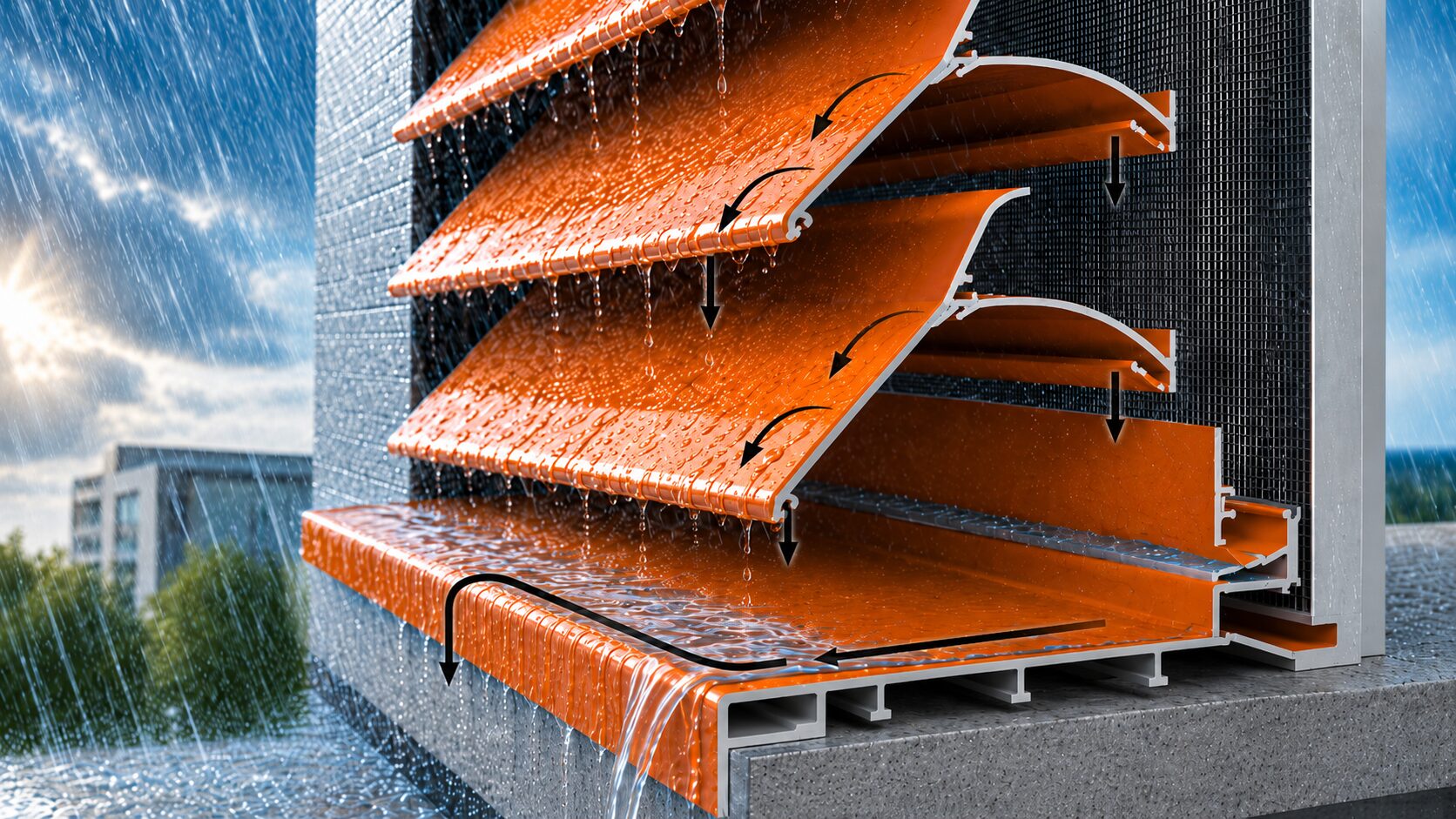 Regenschutzlamellen für wasserabweisende Lüftungsgitter an bewitterten Fassaden