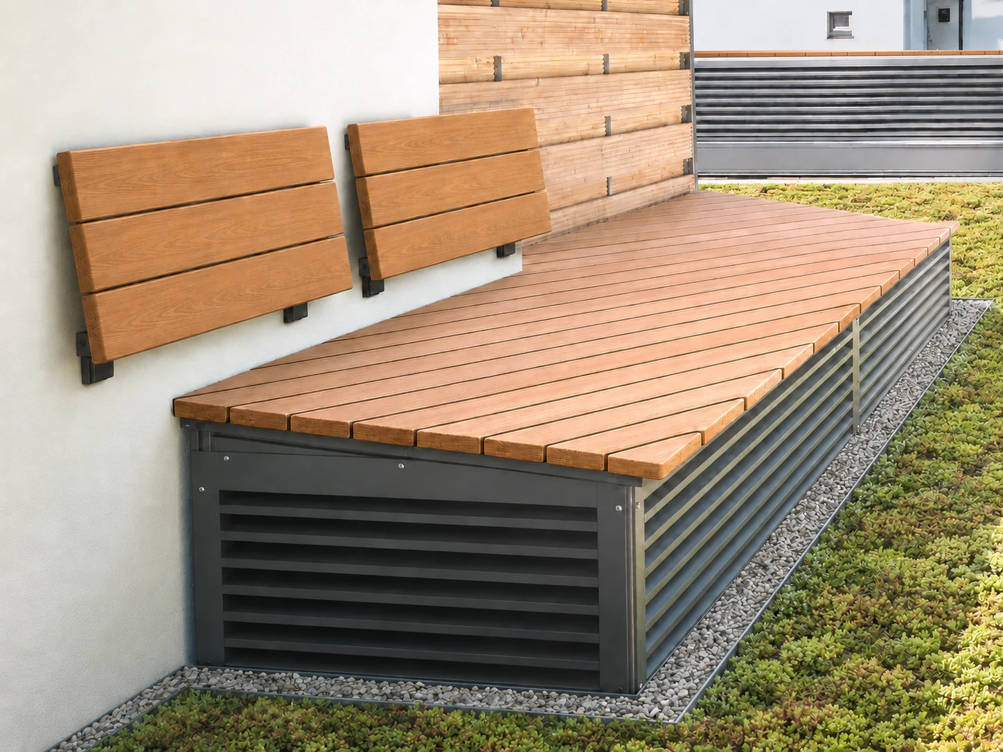 Lüftungshaube als Stadtmöbel Lüftungshaube als Stadtmöbel mit Sitzfläche und Rückenlehnen auf einer Dachterrasse