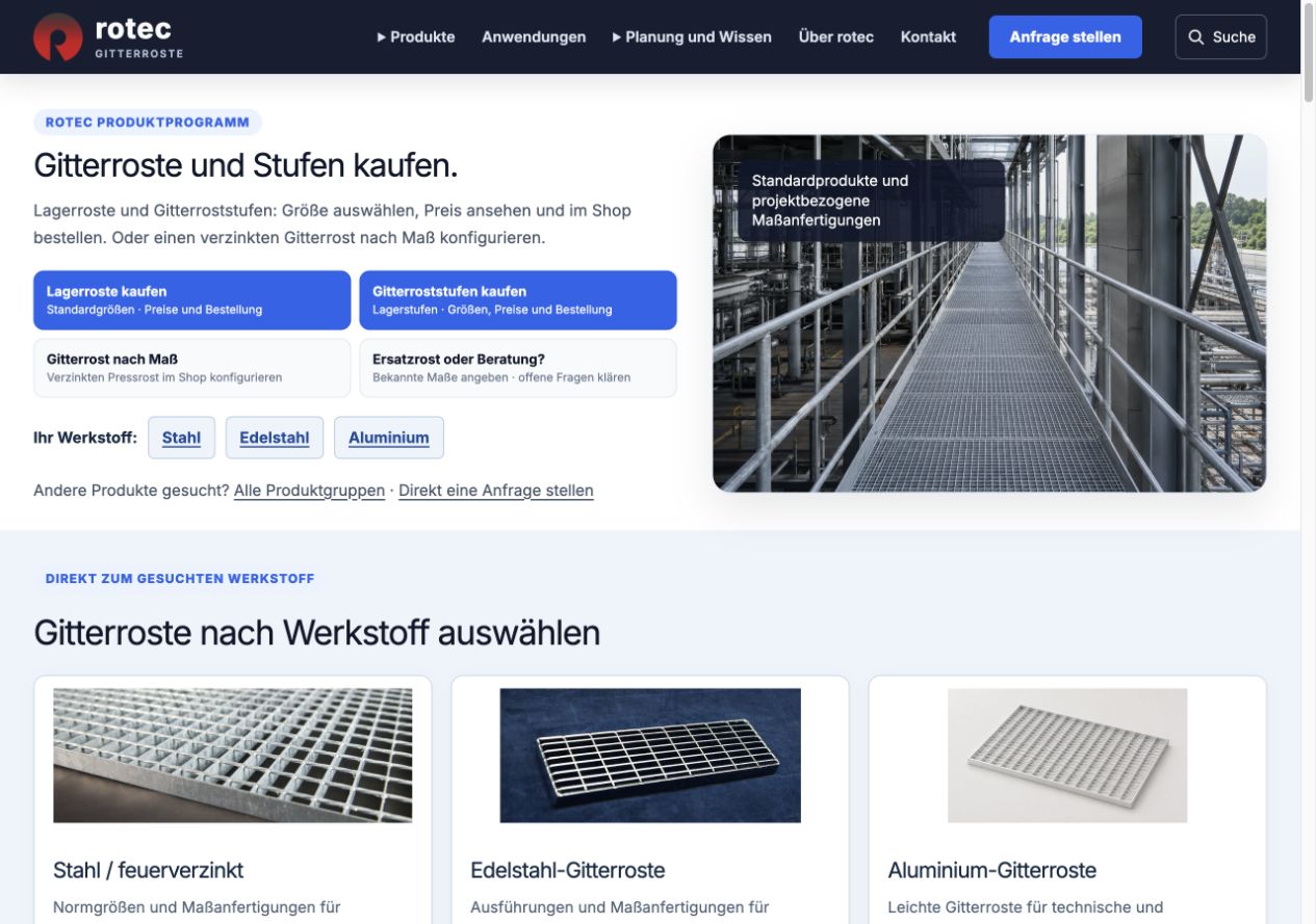 Startseite von gitterroste.com mit Produktsuche und Einstiegen nach Werkstoff