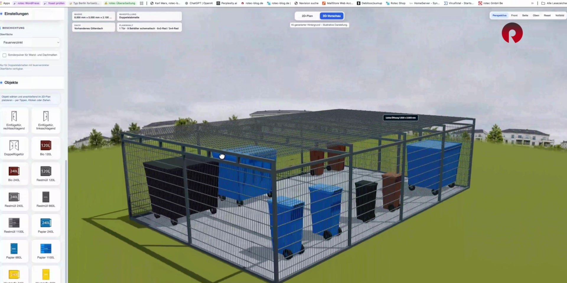 3D-Vorschau einer Müllplatzeinhausung mit Gitterdach und angeordneten Müllcontainern
